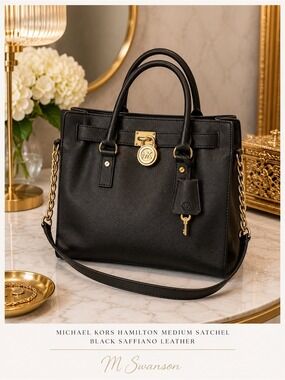 Michael Kors Hamilton Medium Black Gold Saffiano Leather Satchel Bag key fob EUC